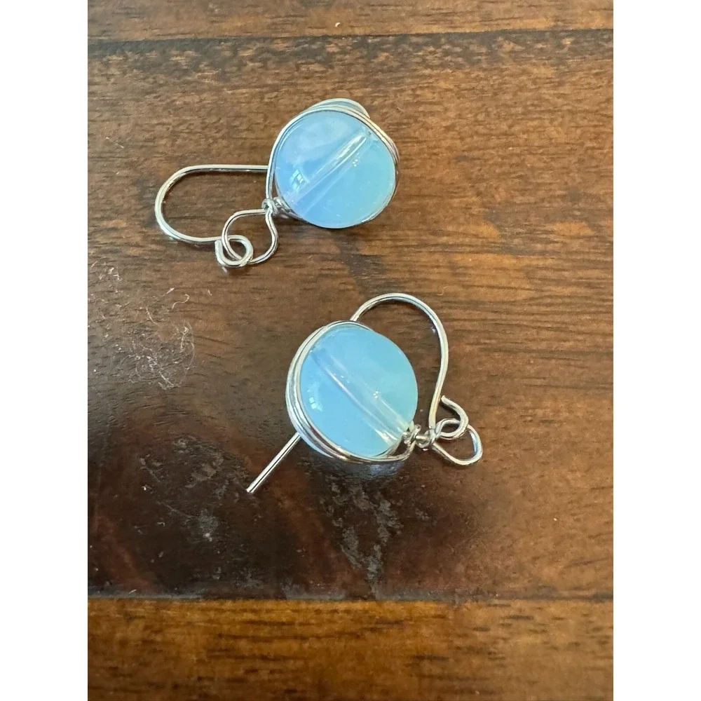 Very Light Blue Ball Earrings with Silver Tone Accents Women Bohochic Style‎